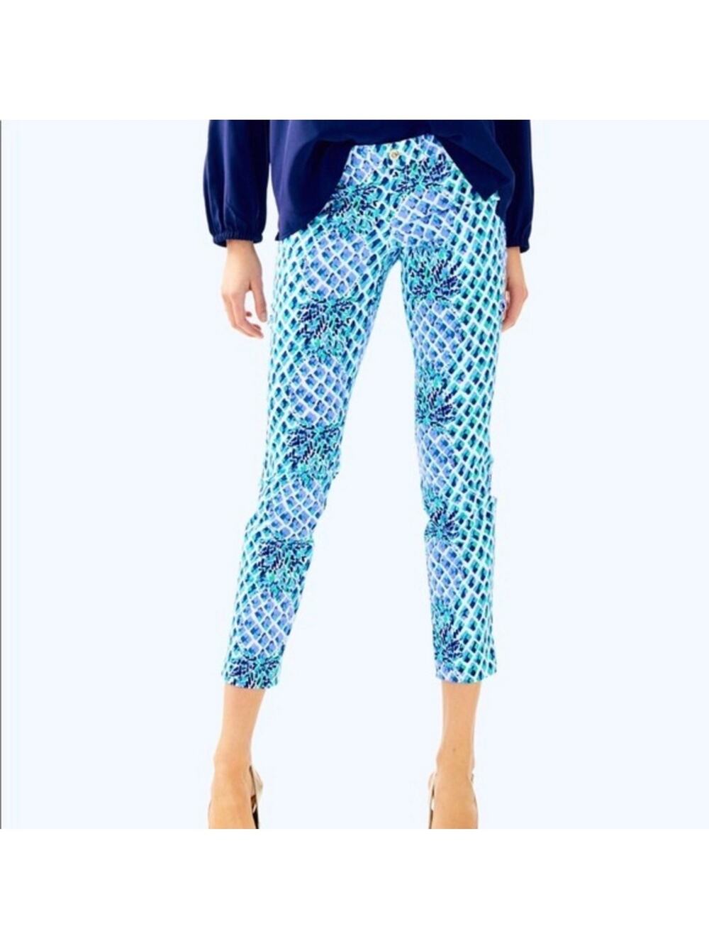 Lilly Pulitzer Pants Women 10 Blue Kelly Ankle Pineapple Print Preppy Coastal